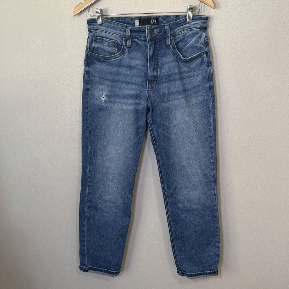 Kut From The Kloth Distressed Ankle Straight Leg Jeans Womens 6 Blue Wash